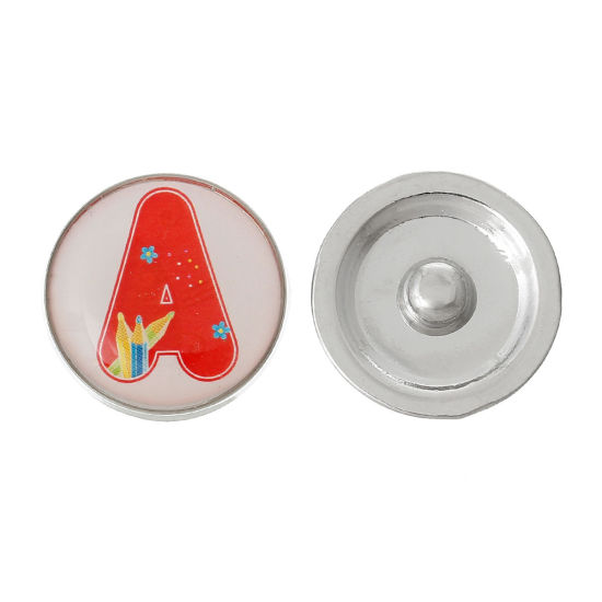 Picture of 20mm Zinc Metal Alloy Snap Buttons Round Silver Tone Red Alphabet /Letter " A " Pencil Pattern Fit Snap Button Bracelets, Knob Size: 5.5mm( 2/8"), 5 PCs