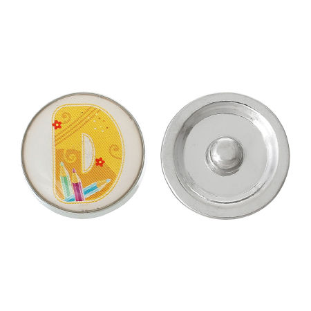 20mm Zinc Metal Alloy Snap Buttons Round Silver Tone Yellow Alphabet /Letter " D " Pencil Pattern Fit Snap Button Bracelets, Knob Size: 5.5mm( 2/8"), 5 PCs