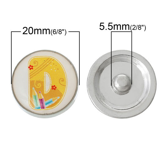20mm 亜鉛合金 スナップボタン　スナップボタンブレスレットに適応 円形 シルバートーン イエロー " D " 彫刻 つまみのサイズ： 5.5mm、5 個 の画像