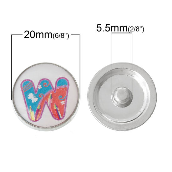 Picture of 20mm Zinc Metal Alloy Snap Buttons Round Silver Tone Multicolor Alphabet /Letter " W " Pencil Pattern Fit Snap Button Bracelets, Knob Size: 5.5mm( 2/8"), 5 PCs