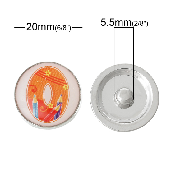 20mm Zinc Metal Alloy Snap Buttons Round Silver Tone Orange Alphabet /Letter " O " Pencil Pattern Fit Snap Button Bracelets, Knob Size: 5.5mm( 2/8"), 5 PCs の画像