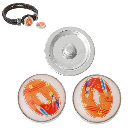 20mm Zinc Metal Alloy Snap Buttons Round Silver Tone Orange Alphabet /Letter " O " Pencil Pattern Fit Snap Button Bracelets, Knob Size: 5.5mm( 2/8"), 5 PCs の画像