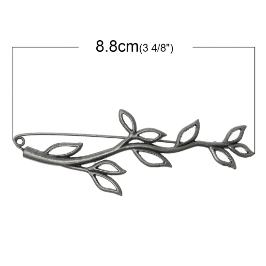 Zinc Based Alloy Pin Brooches Leaf Branch Antique Silver 8.8cm x 3cm(3 4/8" x1 1/8"), 3 PCs の画像