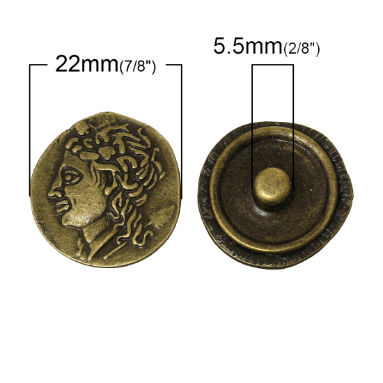 チャンクスナップジュエリー ボタンチャンクブレスレットに適応 円形 銅古美 人物パターン 22mm x 21mm、 つまみのサイズ： 5.5mm、 10 個 の画像