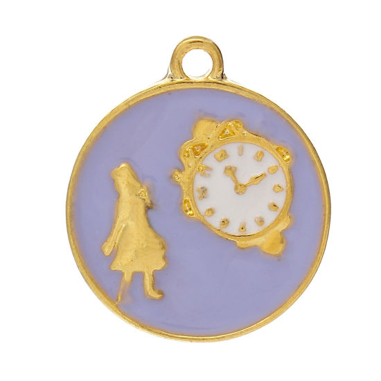 Picture of Zinc Metal Alloy Charm Pendants Round Gold Plated Beauty Girl Clock Carved Purple Enamel 23mm x 20mm( 7/8" x 6/8"), 10 PCs