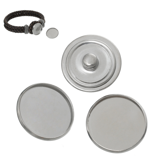 Picture of 22mm Alloy Snap Buttons Round Silver Tone Cabochon Setting (Fits 20mm Dia.) Fit Snap Button Bracelets, Knob Size: 5.5mm( 2/8"), 20PCs