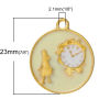 Picture of Zinc Metal Alloy Charm Pendants Round Gold Plated Beauty Girl Clock Carved Pale Yellow Enamel 23mm x 20mm( 7/8" x 6/8"), 10 PCs