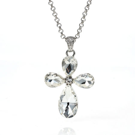 Picture of Jewelry Necklace Cross Silver Tone Clear Rhinestone 65cm(25 5/8