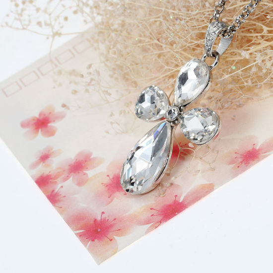 Picture of Jewelry Necklace Cross Silver Tone Clear Rhinestone Faceted 65cm(25 5/8") long, 1 Piece