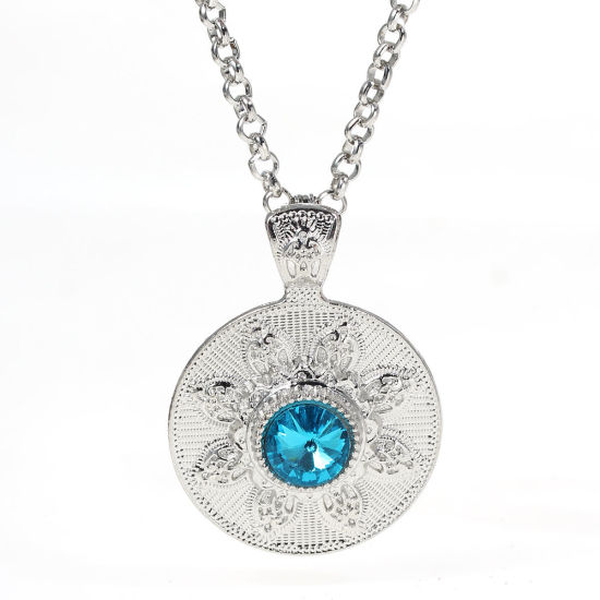 Picture of Jewelry Necklace Round Silver Tone Blue Rhinestone Faceted Flower Carved 65cm(25 5/8") long, 1 Piece