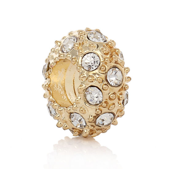 Picture of Zinc Metal Alloy European Style Large Hole Charm Beads Round Gold Plated Clear Rhinestone About 12mm Dia, Hole: Approx 5.1mm, 10 PCs