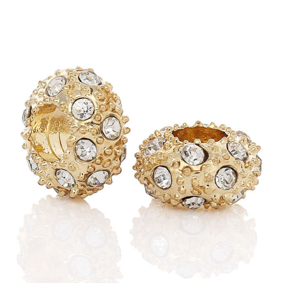 Picture of Zinc Metal Alloy European Style Large Hole Charm Beads Round Gold Plated Clear Rhinestone About 12mm Dia, Hole: Approx 5.1mm, 10 PCs