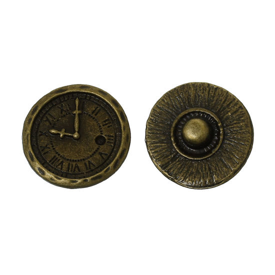 Picture of 18mm Zinc Metal Alloy Snap Buttons Round Antique Bronze Clock Carved Fit Snap Button Bracelets, Knob Size: 4.8mm( 2/8"), 20 PCs