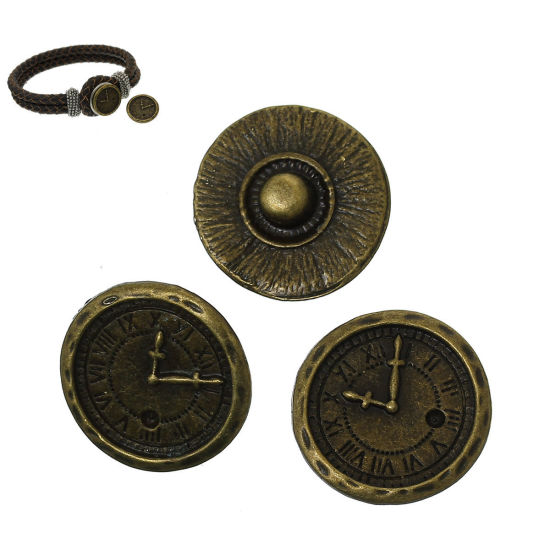 Picture of 18mm Zinc Metal Alloy Snap Buttons Round Antique Bronze Clock Carved Fit Snap Button Bracelets, Knob Size: 4.8mm( 2/8"), 20 PCs