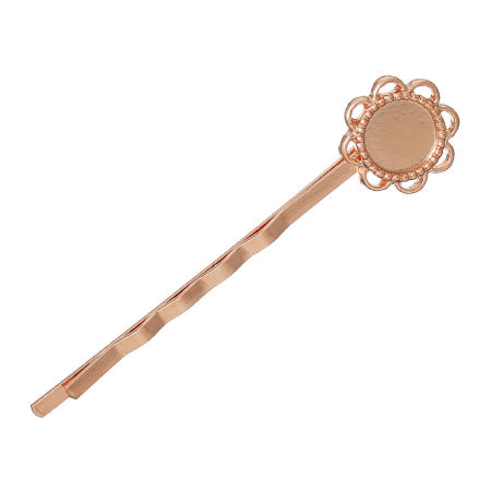 Zinc Based Alloy Filigree Bobby Pins Hair Grips Clips Flower Rose Gold Cabochon Setting(Fits 8mm Dia) 5.8cm x 1.4cm, 10 PCs