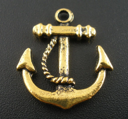 Imagen de Colgantes Aleación del Metal Del Zinc de Ancla Oro antiguo Rhinestone 23mm x 20mm, 30 Unidades