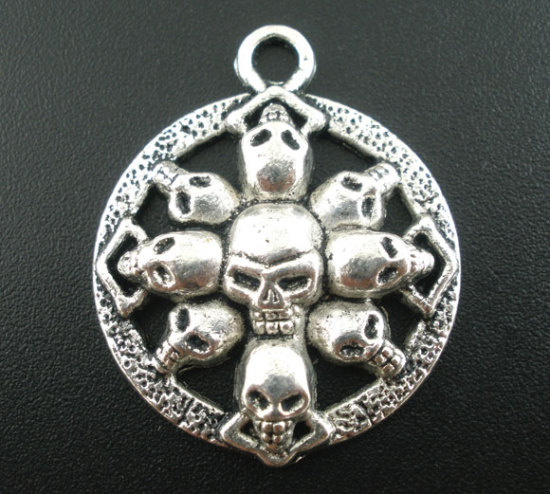 Bild von Zinklegierung Halloween & Gotisch Charm Anhänger Rund Antiksilber Halloween Skelett 33mm x 27mm, 10 Stücke