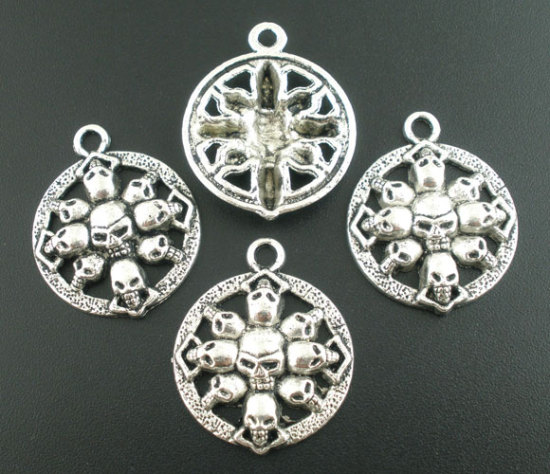 Bild von Zinklegierung Halloween & Gotisch Charm Anhänger Rund Antiksilber Halloween Skelett 33mm x 27mm, 10 Stücke
