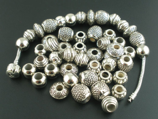 アクリル ヨーロッパ風 大穴 ビーズ ミックス 銀古美 約11mm x 8mm-14mm x 16mm直径、 穴：約4mm-5.8mm 、 50 PCs の画像