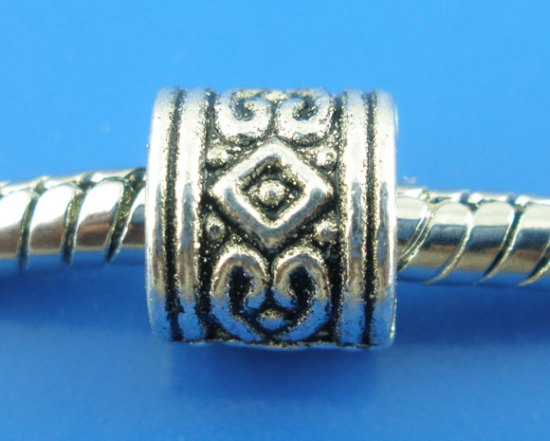 Picture of 50 PCs Zinc Based Alloy European Style Large Hole Charm Beads Antique Silver Color Cylinder Carved Pattern 7mm x 7mm, Hole: Approx 4.5mm
