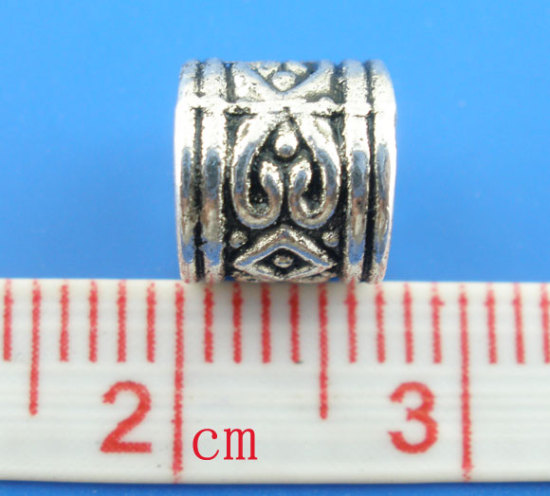 Picture of 50 PCs Zinc Based Alloy European Style Large Hole Charm Beads Antique Silver Color Cylinder Carved Pattern 7mm x 7mm, Hole: Approx 4.5mm
