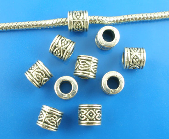 Picture of 50 PCs Zinc Based Alloy European Style Large Hole Charm Beads Antique Silver Color Cylinder Carved Pattern 7mm x 7mm, Hole: Approx 4.5mm
