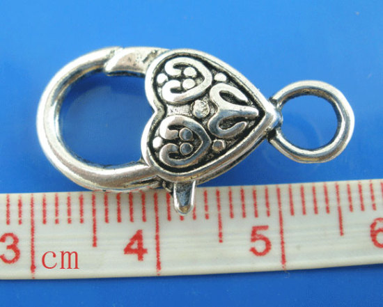 Picture of Zinc Based Alloy Lobster Clasps Heart Antique Silver 25mm x 12mm, 20 PCs