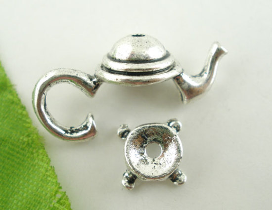 Bild von Perlenkappen aus Zinklegierung, Teekanne, Antiksilberfarbe (passende Perlengröße: 10 mm Durchmesser), 21 mm x 9 mm, 7 mm x 3 mm, 10 Sets