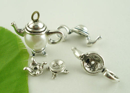 Bild von Perlenkappen aus Zinklegierung, Teekanne, Antiksilberfarbe (passende Perlengröße: 10 mm Durchmesser), 21 mm x 9 mm, 7 mm x 3 mm, 10 Sets