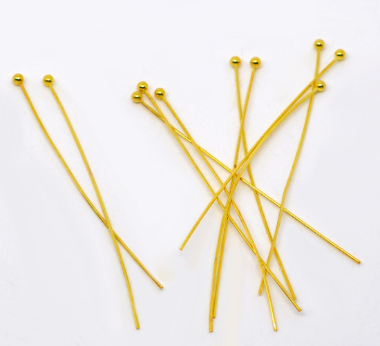 Picture of Brass Ball Head Pins Gold Plated 5cm(2") long, 0.5mm (24 gauge), 30 PCs                                                                                                                                                                                       
