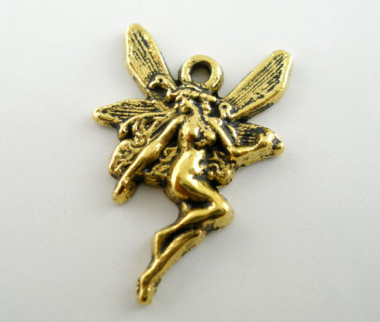 Immagine di Lega di Zinco Charm Ciondoli Angelo Oro Antico Nulla Disegno 21.0mm x 15.0mm, 50 Pz