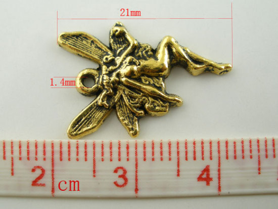 Immagine di Lega di Zinco Charm Ciondoli Angelo Oro Antico Nulla Disegno 21.0mm x 15.0mm, 50 Pz