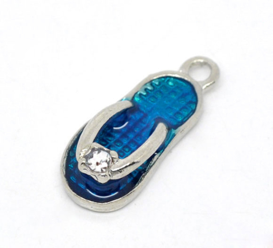 Bild von Zinklegierung Charms Anhänger Flip-Flops Silberfarbe Blau Emaille mit Strass 23mm x10mm, 10 Stück