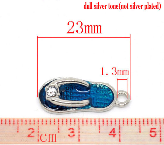 Bild von Zinklegierung Charms Anhänger Flip-Flops Silberfarbe Blau Emaille mit Strass 23mm x10mm, 10 Stück