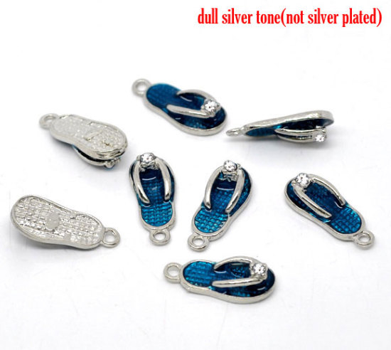 Bild von Zinklegierung Charms Anhänger Flip-Flops Silberfarbe Blau Emaille mit Strass 23mm x10mm, 10 Stück