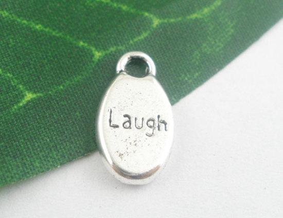 Picture of Zinc Based Alloy Charms Oval Antique Silver Color Message "Laugh" Carved 15mm( 5/8") x 9mm( 3/8"), 50 PCs