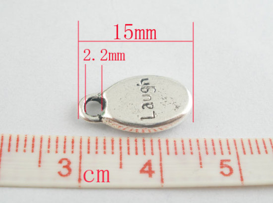 Picture of Zinc Based Alloy Charms Oval Antique Silver Color Message "Laugh" Carved 15mm( 5/8") x 9mm( 3/8"), 50 PCs