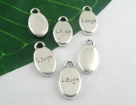 Picture of Zinc Based Alloy Charms Oval Antique Silver Color Message "Laugh" Carved 15mm( 5/8") x 9mm( 3/8"), 50 PCs