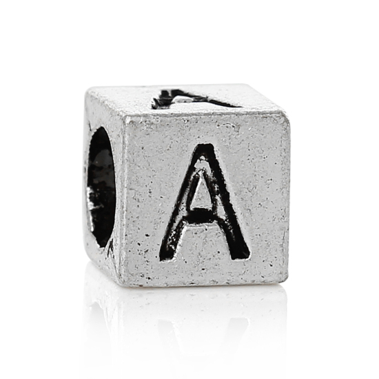 Bild von Zinklegierung European Stil Charm Großlochperlen Antik Silber Würfel Buchstaben "A" 7mmx7mm Loch:Ca 4.7mm, 20 Stücke