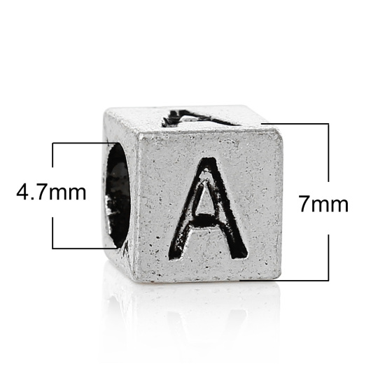 Immagine di 20 Pz Lega di Zinco Perline di Fascino con Foro Grande in Stile Europeo Argento Antico Cubo Lettera Maiuscola Lettere " A " 7mm x 7mm, Foro:Circa 4.7mm