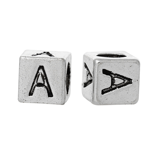 Immagine di 20 Pz Lega di Zinco Perline di Fascino con Foro Grande in Stile Europeo Argento Antico Cubo Lettera Maiuscola Lettere " A " 7mm x 7mm, Foro:Circa 4.7mm