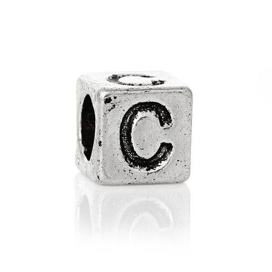 Bild von Zinklegierung European Stil Charm Großlochperlen Antik Silber Würfel Buchstaben "C" 7mmx7mm Loch:Ca 4.7mm, 20 Stücke
