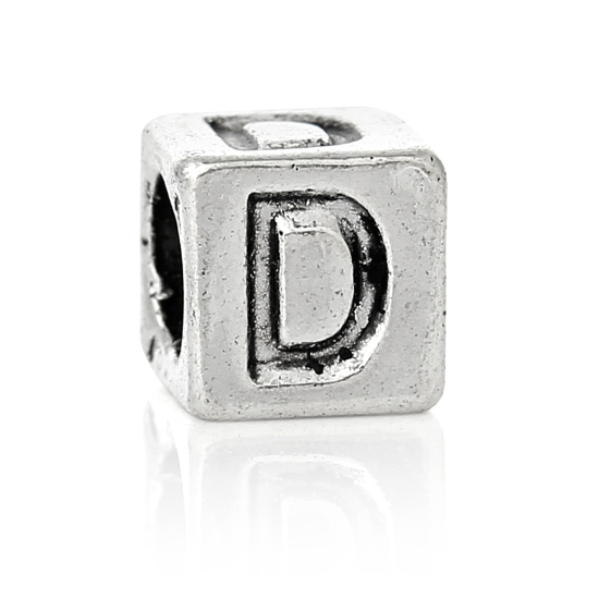 Bild von Zinklegierung European Stil Charm Großlochperlen Antik Silber Würfel Buchstaben "D" 7mmx7mm Loch:Ca 4.7mm, 20 Stücke