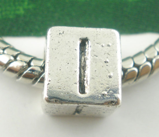 Image de Perles à Gros Trou au Style Européen en Alliage de Zinc Carré Gravé Lettre " I " Argent Antique 7mm x 7mm, Tailles de Trous: 4.7mm, 20 Pcs