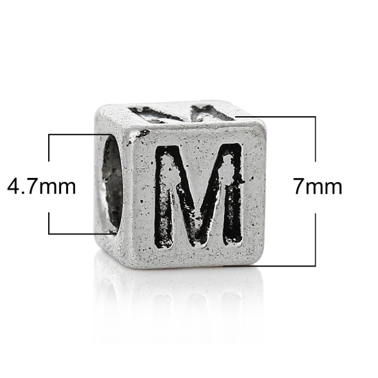 Immagine di 20 Pz Lega di Zinco Perline di Fascino con Foro Grande in Stile Europeo Argento Antico Cubo Lettera Maiuscola Lettere " M " 7mm x 7mm, Foro:Circa 4.7mm
