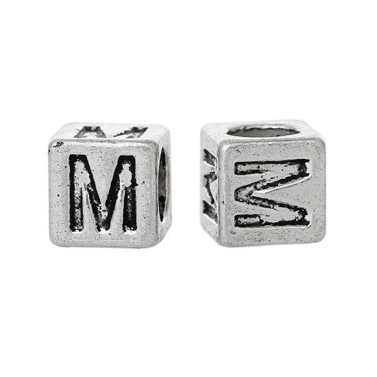 Immagine di 20 Pz Lega di Zinco Perline di Fascino con Foro Grande in Stile Europeo Argento Antico Cubo Lettera Maiuscola Lettere " M " 7mm x 7mm, Foro:Circa 4.7mm