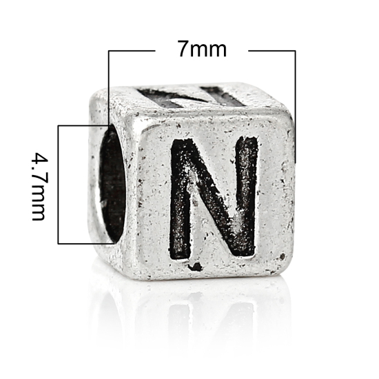 Immagine di 20 Pz Lega di Zinco Perline di Fascino con Foro Grande in Stile Europeo Argento Antico Cubo Lettera Maiuscola Lettere " N " 7mm x 7mm, Foro:Circa 4.7mm