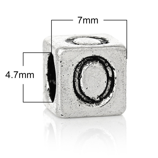 Immagine di 20 Pz Lega di Zinco Perline di Fascino con Foro Grande in Stile Europeo Argento Antico Cubo Lettera Maiuscola Lettere " O " 7mm x 7mm, Foro:Circa 4.7mm