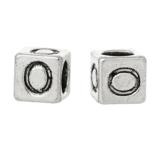Immagine di 20 Pz Lega di Zinco Perline di Fascino con Foro Grande in Stile Europeo Argento Antico Cubo Lettera Maiuscola Lettere " O " 7mm x 7mm, Foro:Circa 4.7mm