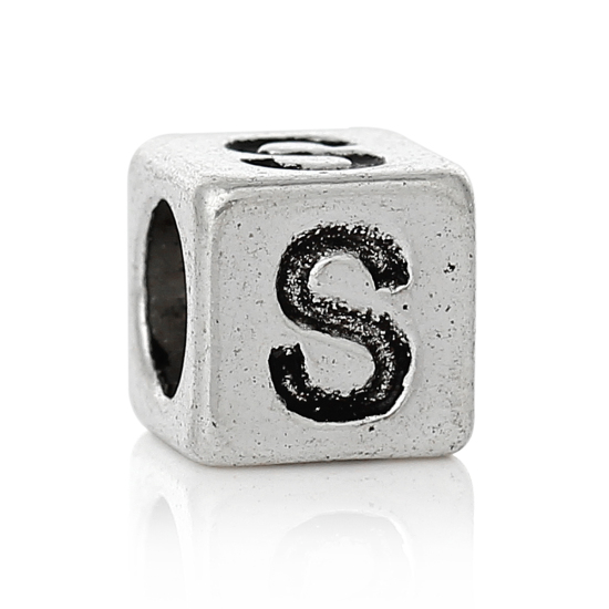 Bild von Zinklegierung European Stil Charm Großlochperlen Antik Silber Würfel Buchstaben "S" 7mmx7mm Loch:Ca 4.7mm, 20 Stücke